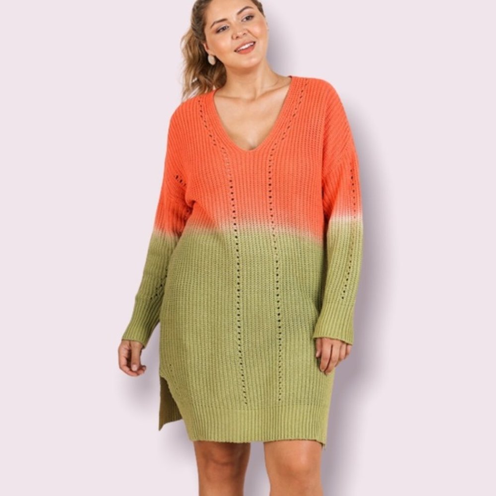 Drop Sleeve Crochet Knit Ombré Sweater Dress